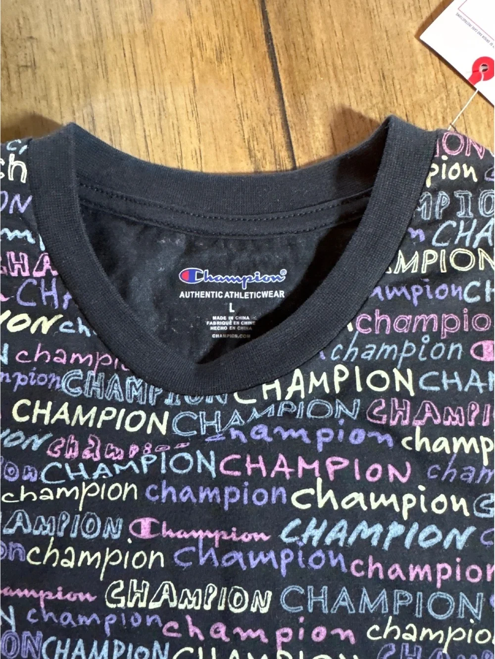 Champion Girls Allover Logo Print T-Shirt Large Black Multicolor NWT